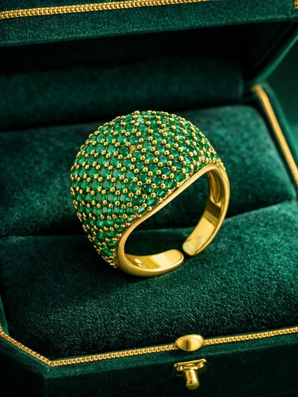 Gold Dome Ring with Green Pavé Stones - Women Jewelry